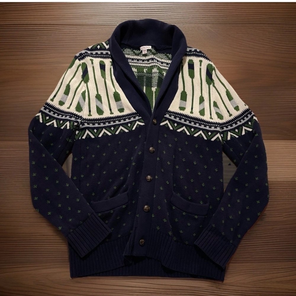 Merona Cardigan Mens M Medium Blue Boating Oars Button Shawl Neck Sweater Knit